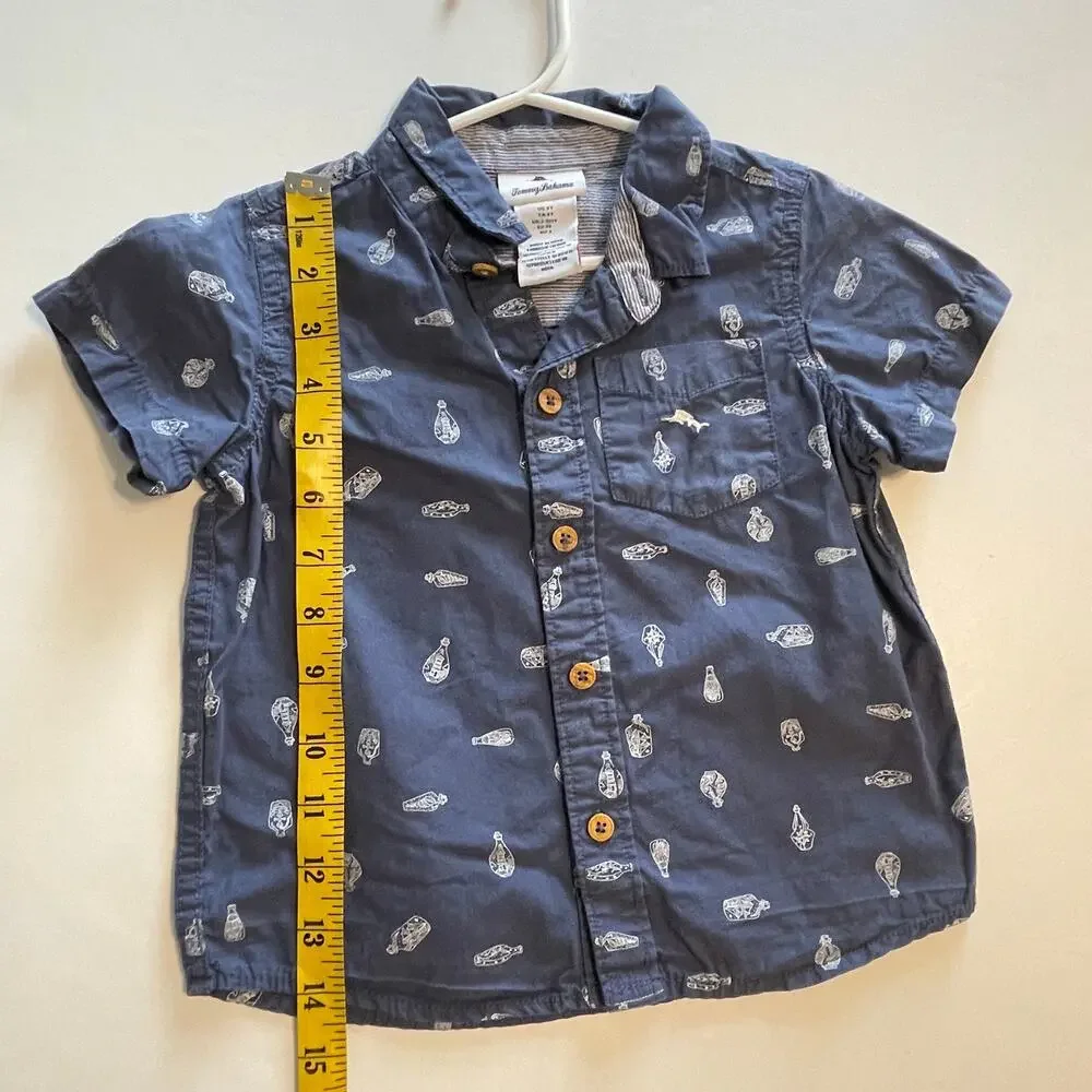 Tommy Bahama Nautical Button Shirt Boys Size 3T Blue Coastal Ship in Bottle
